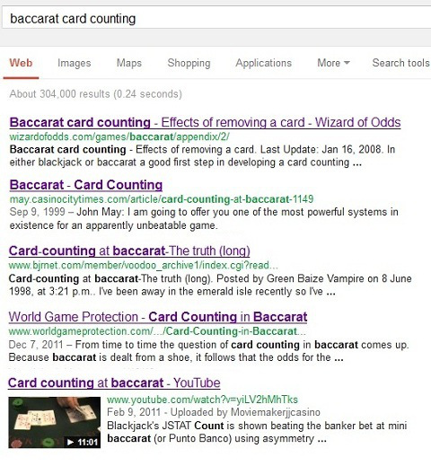 baccarat card counting google results