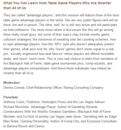 Description from the agenda on the table game conference website