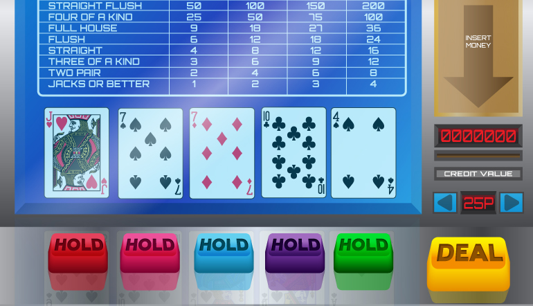 Video poker machine with the following hand: Jack of hearts, 7 of spades, 7 of diamonds, 10 of clubs and 4 of spades