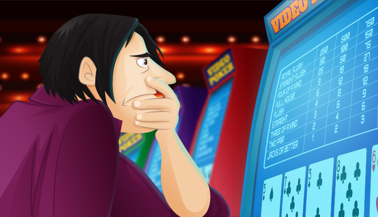 Frowning video poker player with a low pair of cards