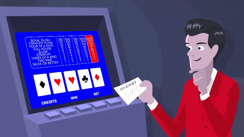Man near a Video Poker machine, reading strategies