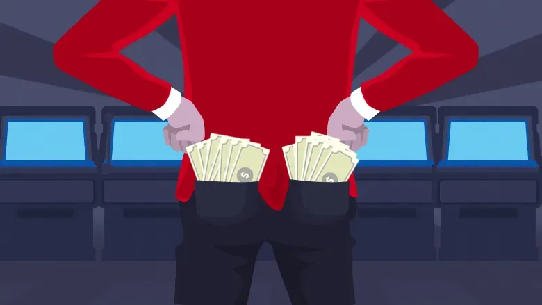 Man near a Video Poker machine, reading strategies