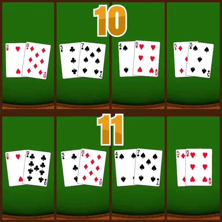 Different ways to get a 10 and an 11 in blackjack