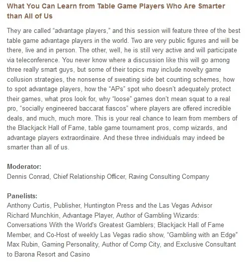 Description from the agenda on the table game conference website